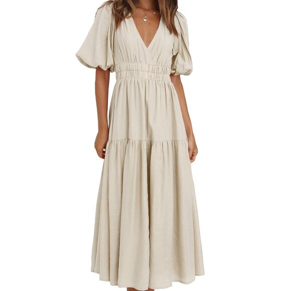 Women's V Neck Short Puff Sleeve A Line Tiered Fall Wedding Guest Maxi Dress - Picture 1 of 7